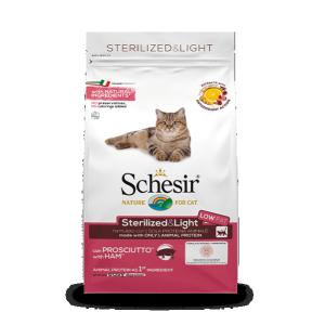 Schesir Dry Sterilized&Light Ham Sausā barība sterilizētiem kaķiem, cūkgaļa 400g